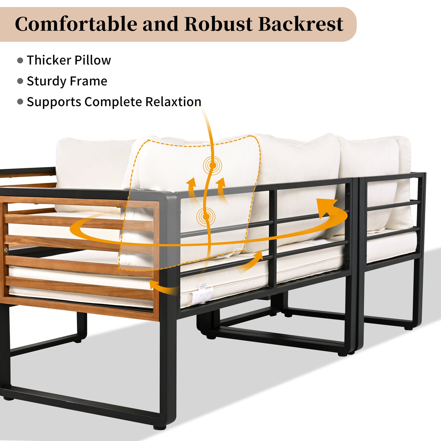 YIORTWO 4 Piece Patio Furniture Set, L-shaped Sofa with Beige Cushions & Acacia Wood Coffee Table, Black Metal Frame, Outdoor Modern Sectional Conversation Sofa Set for Deck, Yard, Porch, Garden - VANELC
