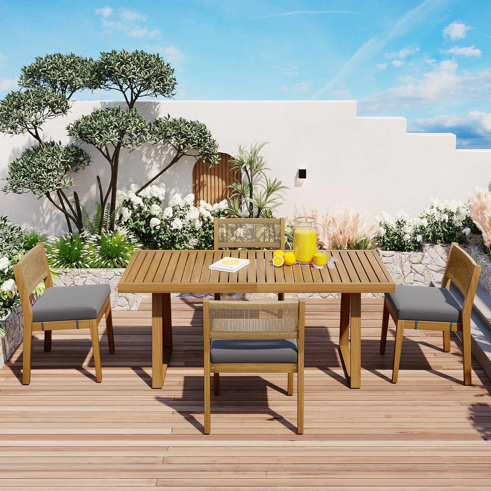 YIORTWO 5-Piece Acacia Wood Outdoor Dining Set with Thick Cushions, 47" Table & 4 Chairs for Patio, Garden, Balcony, Gray - VANELC
