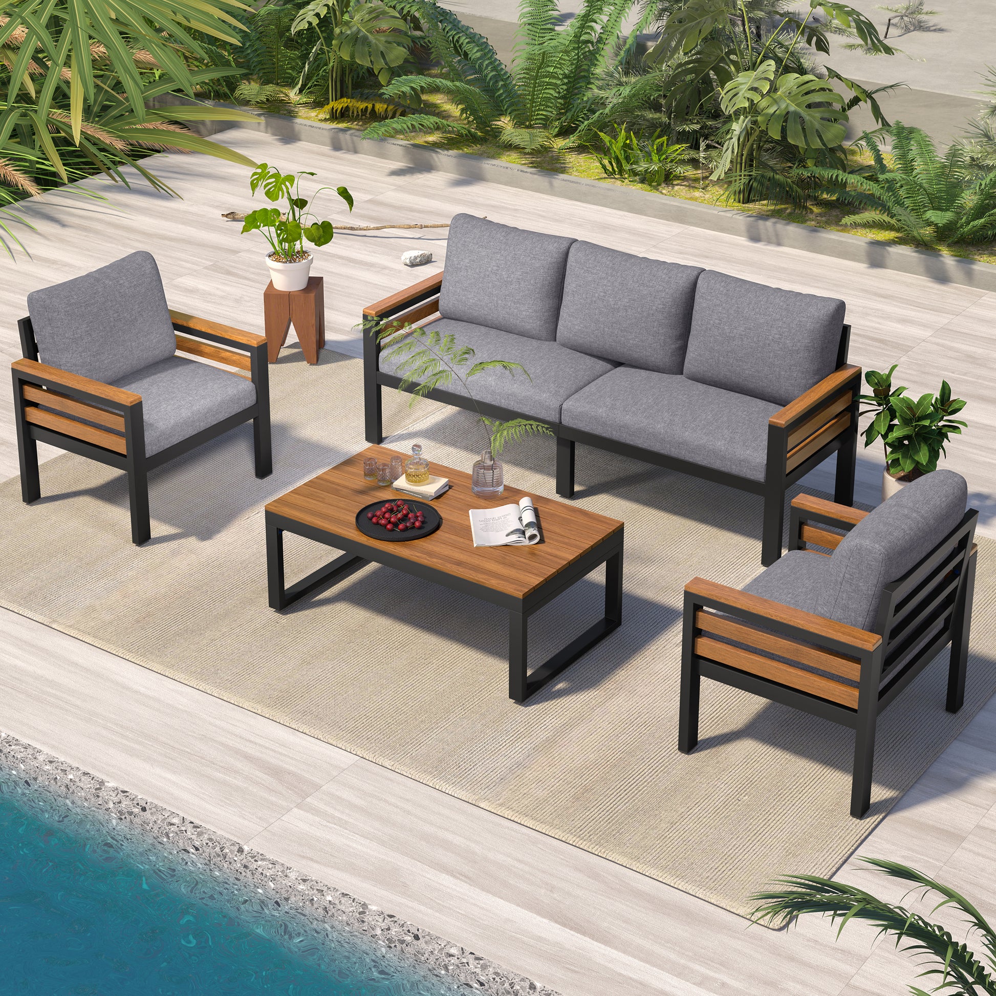 YIORTWO Patio Furniture Set, 4 Piece Outdoor Patio Furniture with Coffee Table Set, Metal Patio Conversation Sets with Washable and High-Resiliency Sponge Cushions, Gray - VANELC