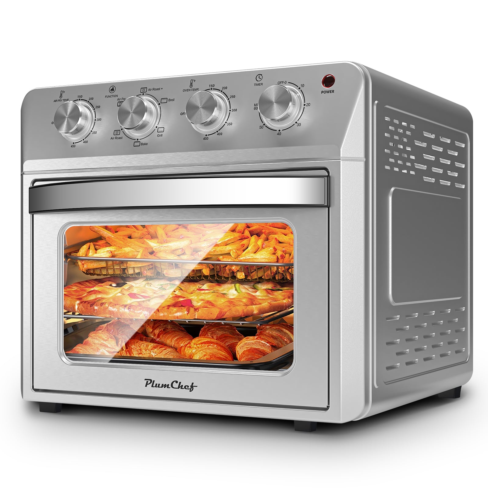 Plum Chef 27.5QT Air Fryer Toaster Oven Combo, Extra Large 7-in-1 Countertop Oven with Bake, Broil, Roast, Toast, Healthy Air Fry Function, 1600W, Digital Controls & 60-Min Timer, Silver - VANELC