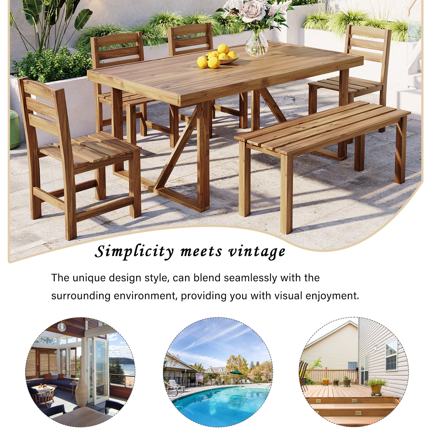 HighSound 6-Piece Outdoor Acacia Wood Dining Set, Patio Table and Chairs Set with Bench for 6-7 People, Outdoor Dining Furniture Set for Garden, Backyard and Poolside, Natural - VANELC