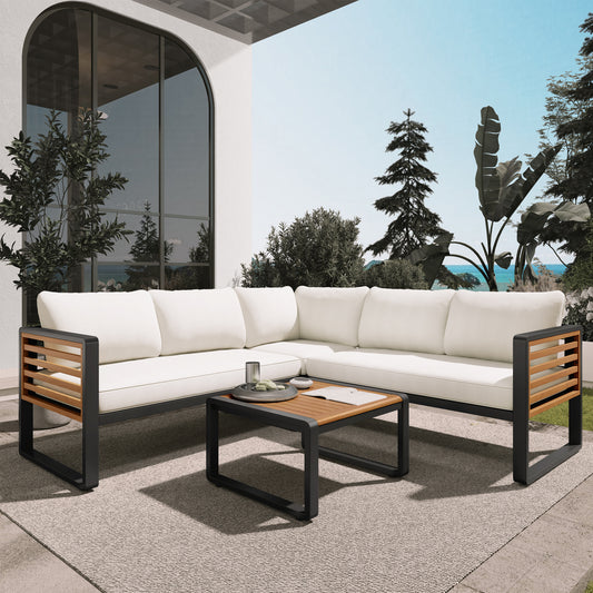 YIORTWO 4 Piece Patio Furniture Set, L-shaped Sofa with Beige Cushions & Acacia Wood Coffee Table, Black Metal Frame, Outdoor Modern Sectional Conversation Sofa Set for Deck, Yard, Porch, Garden - VANELC