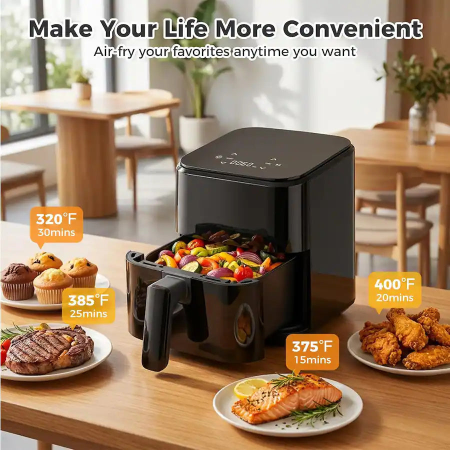 Plum Chef 3QT Compact Air Fryer - 800W Digital Touch Panel, Small Countertop Airfryer for 1–2, Black - VANELC