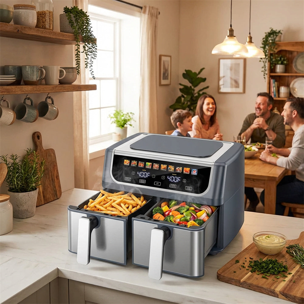 Plum Chef 9QT Dual Basket Air Fryer Oven, 2 Independent Nonstick Baskets with Sync Finish, Digital Touch Screen, 450°F, Shake Reminder, Auto Shutoff, Silver - VANELC