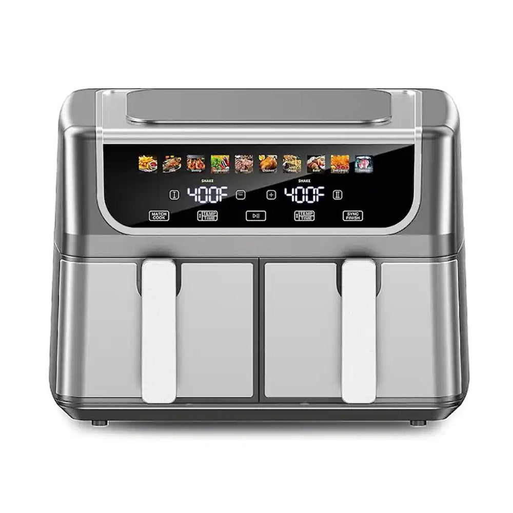 Plum Chef 9QT Dual Basket Air Fryer Oven, 2 Independent Nonstick Baskets with Sync Finish, Digital Touch Screen, 450°F, Shake Reminder, Auto Shutoff, Silver - VANELC