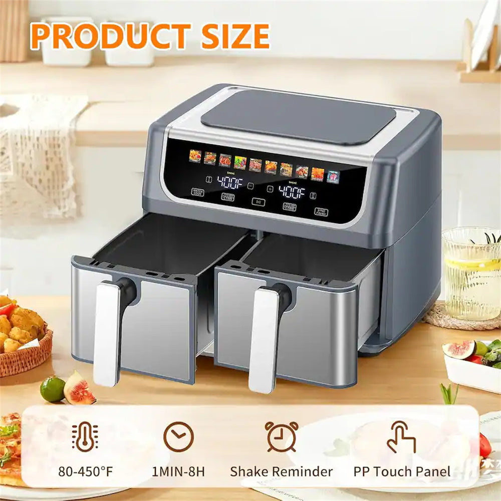 Plum Chef 9QT Dual Basket Air Fryer Oven, 2 Independent Nonstick Baskets with Sync Finish, Digital Touch Screen, 450°F, Shake Reminder, Auto Shutoff, Silver - VANELC
