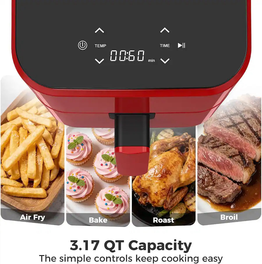 Plum Chef 3QT Compact Air Fryer - 800W Digital Touch Panel, Small Countertop Airfryer for 1–2, Red - VANELC