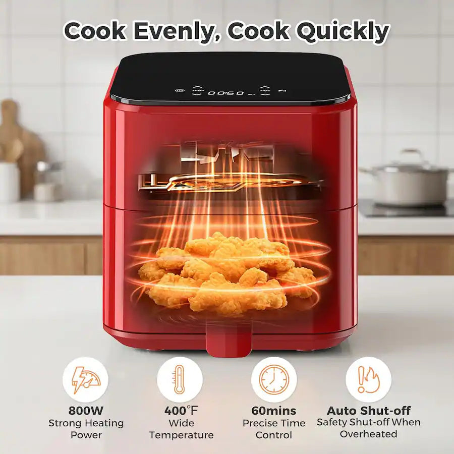 Plum Chef 3QT Compact Air Fryer - 800W Digital Touch Panel, Small Countertop Airfryer for 1–2, Red - VANELC