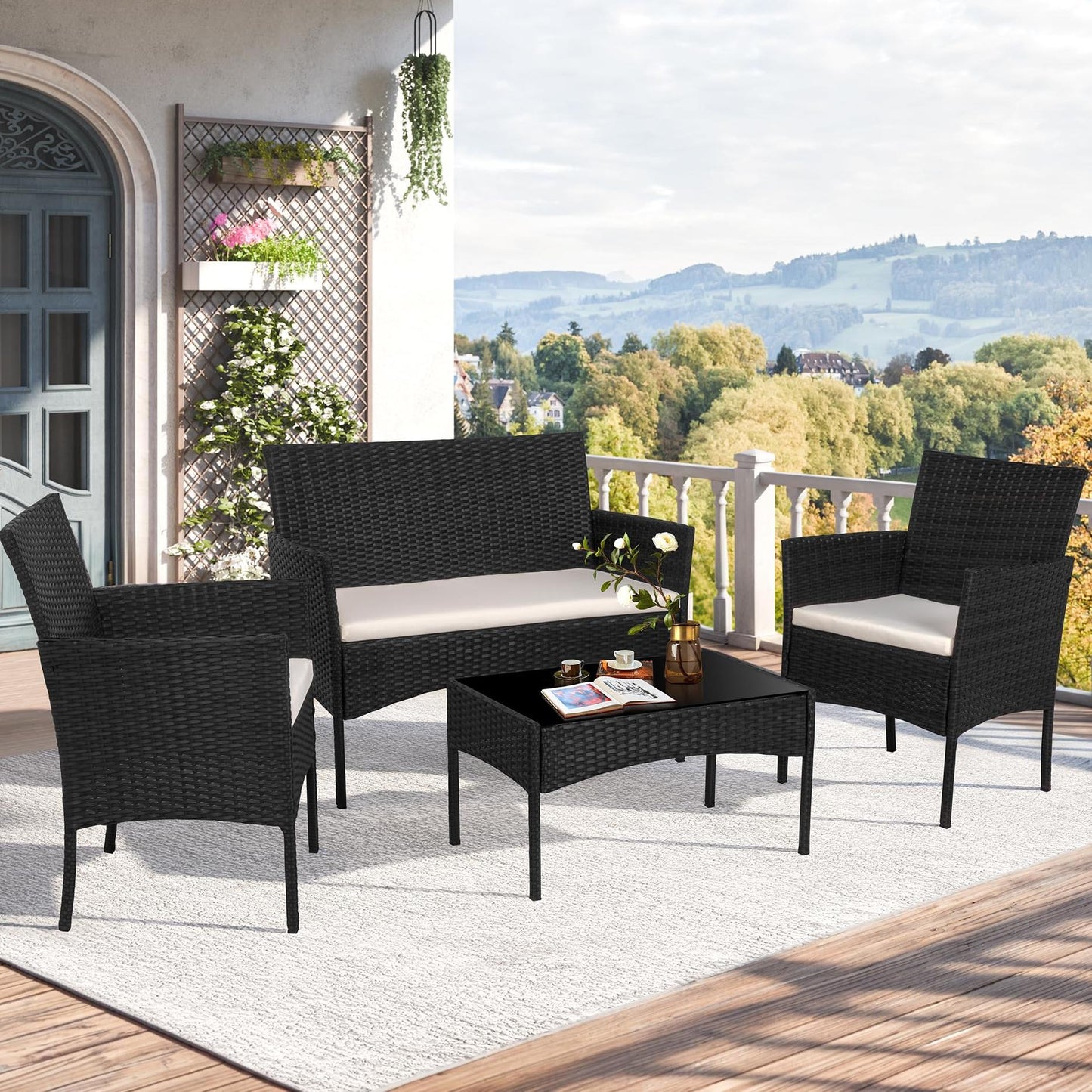 YIORTWO 4-Piece Outdoor Patio Furniture Set, Wicker Sofa Set with Thick Cushions, All-Weather Rattan Deep Seating Set with Tempered Glass Table, Black - VANELC