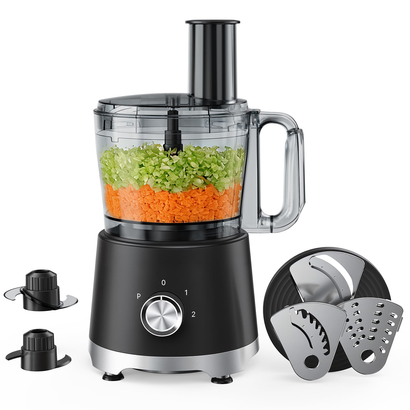 Plum Chef 10.5-Cup Food Processor and Vegetable Chopper, 5 Stainless Steel Blades & Dough Blade, 3 Modes for Slicing, Shredding & Kneading, Dishwasher Safe, Black - VANELC