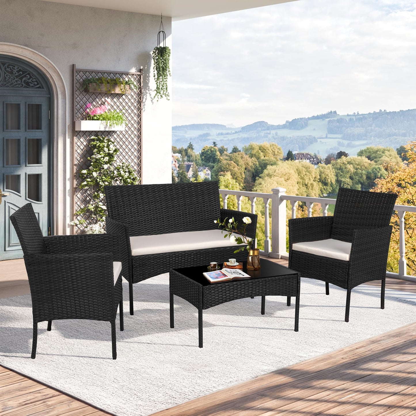 YIORTWO 4-Piece Outdoor Patio Furniture Set, Wicker Sofa Set with Thick Cushions, All-Weather Rattan Deep Seating Set with Tempered Glass Table, Black - VANELC