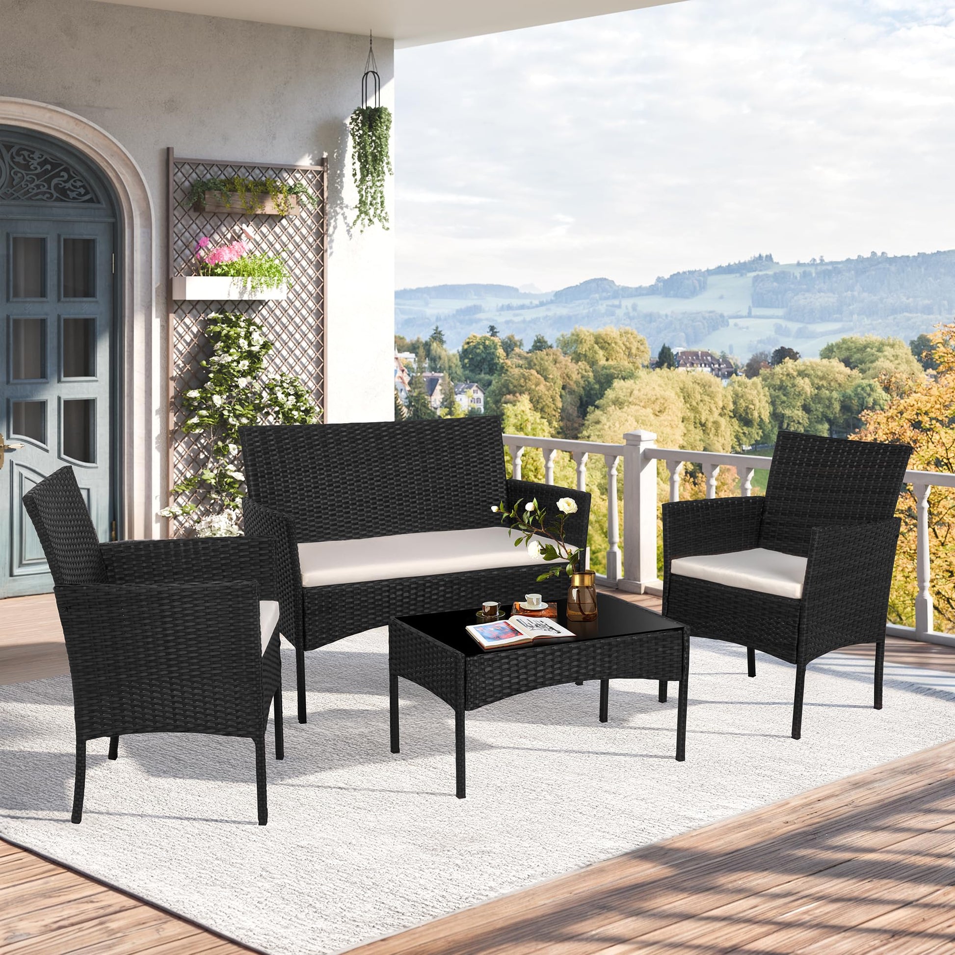 YIORTWO 4-Piece Outdoor Patio Furniture Set, Wicker Sofa Set with Thick Cushions, All-Weather Rattan Deep Seating Set with Tempered Glass Table, Black - VANELC