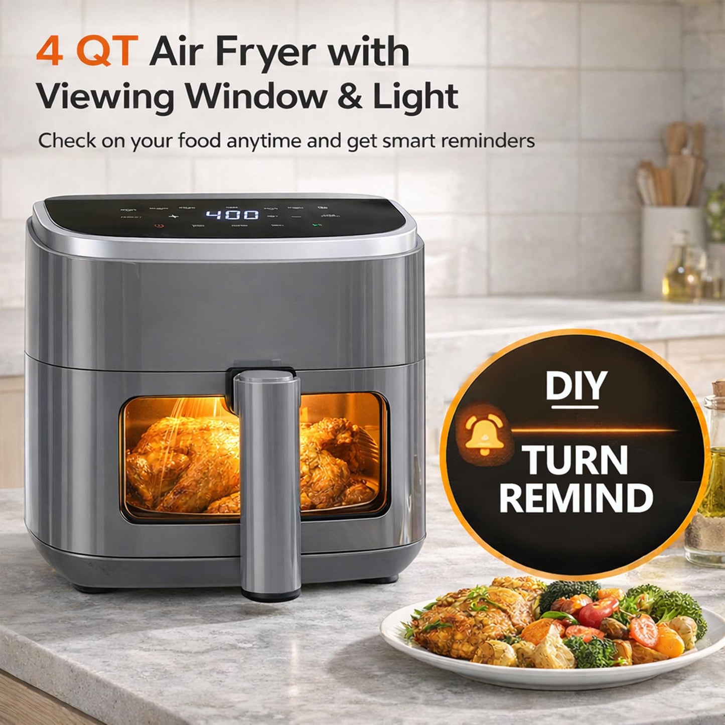 Plum Chef Air Fryer 4 Qt, 8-in-1 Digital Air Fryer with Visible Window, Nonstick Dishwasher-Safe Basket, 60-Min Timer, 1500W, Grey – Perfect for Fries, Wings & Baking - VANELC