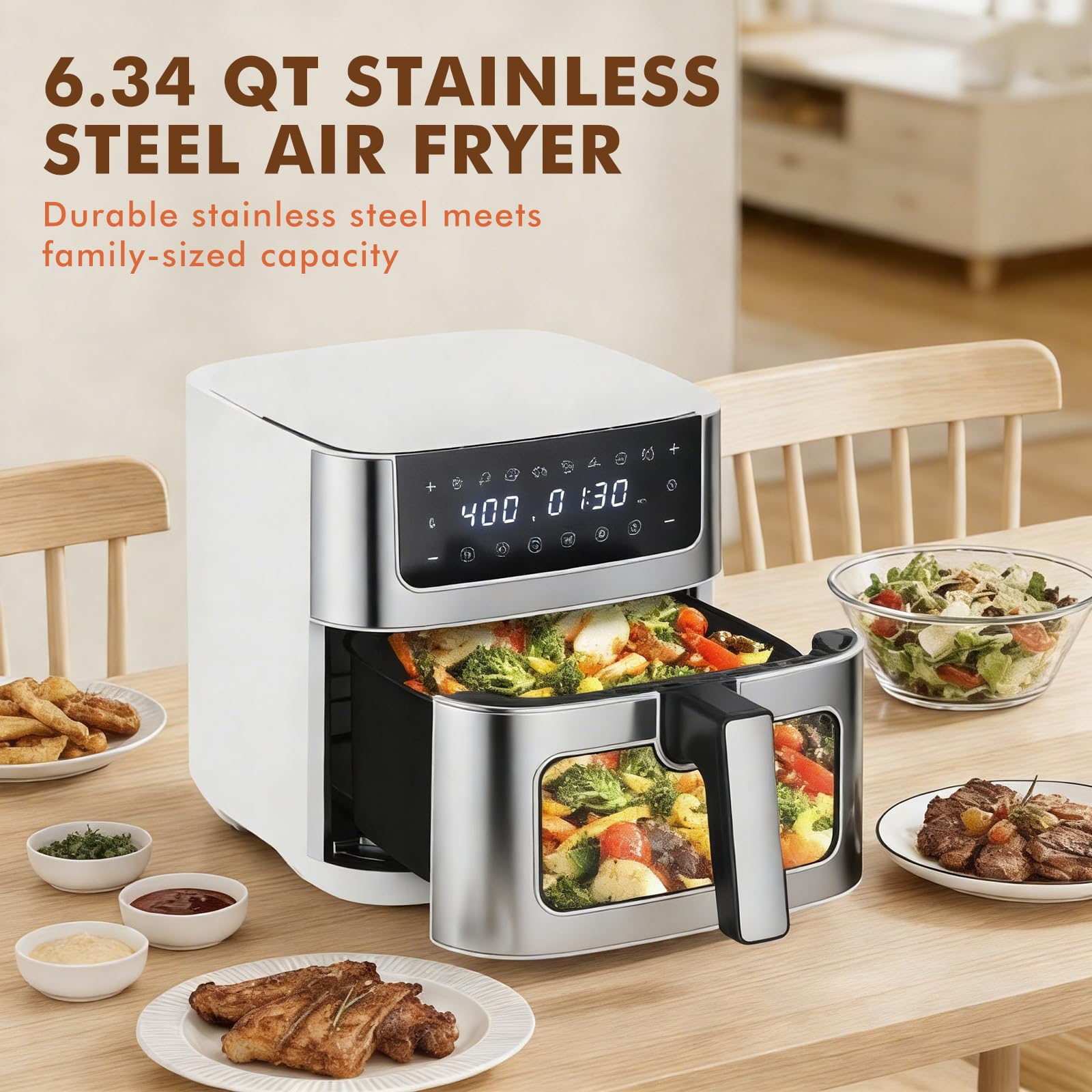Plum Chef 6.34QT Air Fryer, 8-in-1 Air Fryers Oven with Visible Window, 400℉ Fast Heating, Nonstick Dishwasher-Safe Basket, Timer & Auto-Off, Stainless Steel - VANELC