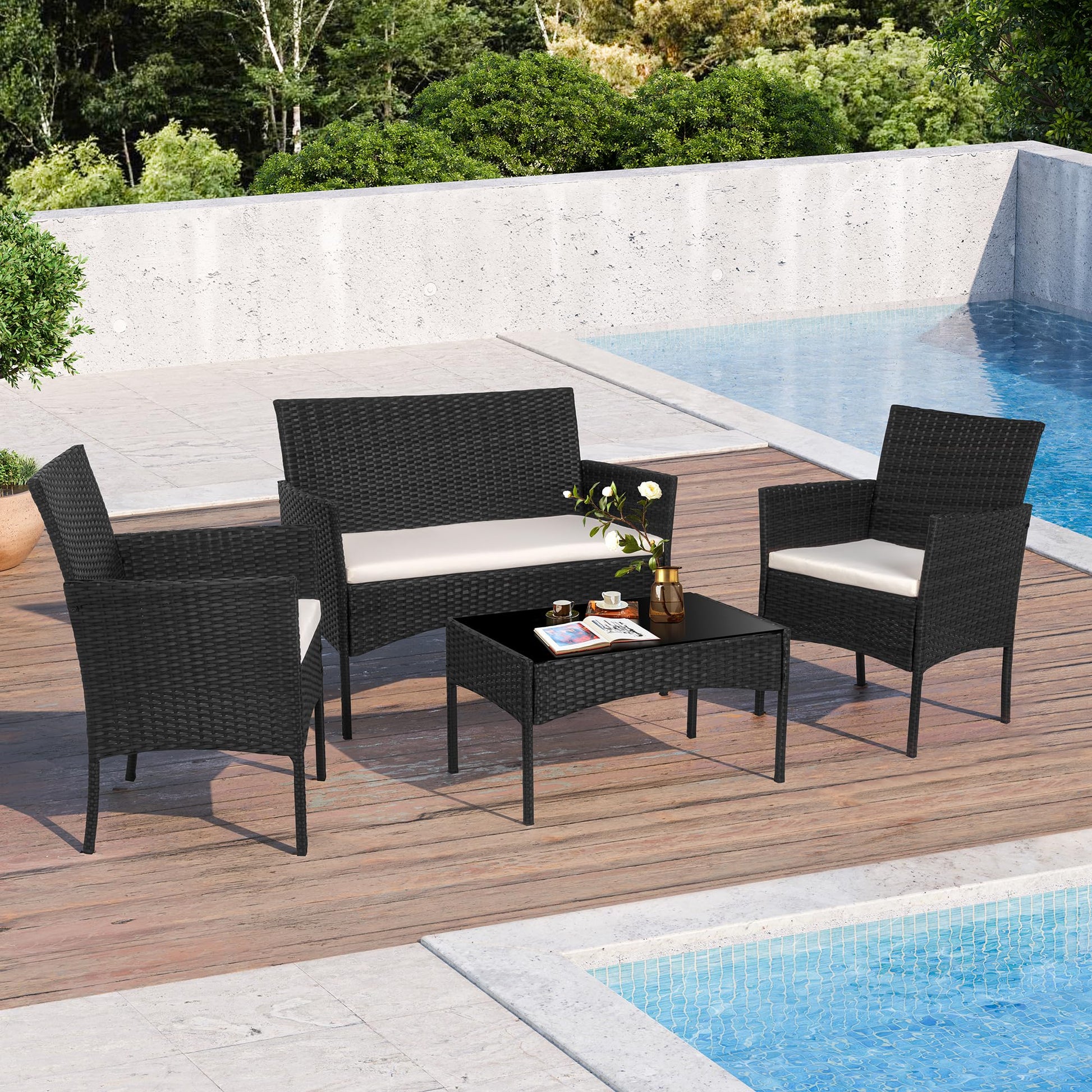 YIORTWO 4-Piece Outdoor Patio Furniture Set, Wicker Sofa Set with Thick Cushions, All-Weather Rattan Deep Seating Set with Tempered Glass Table, Black - VANELC