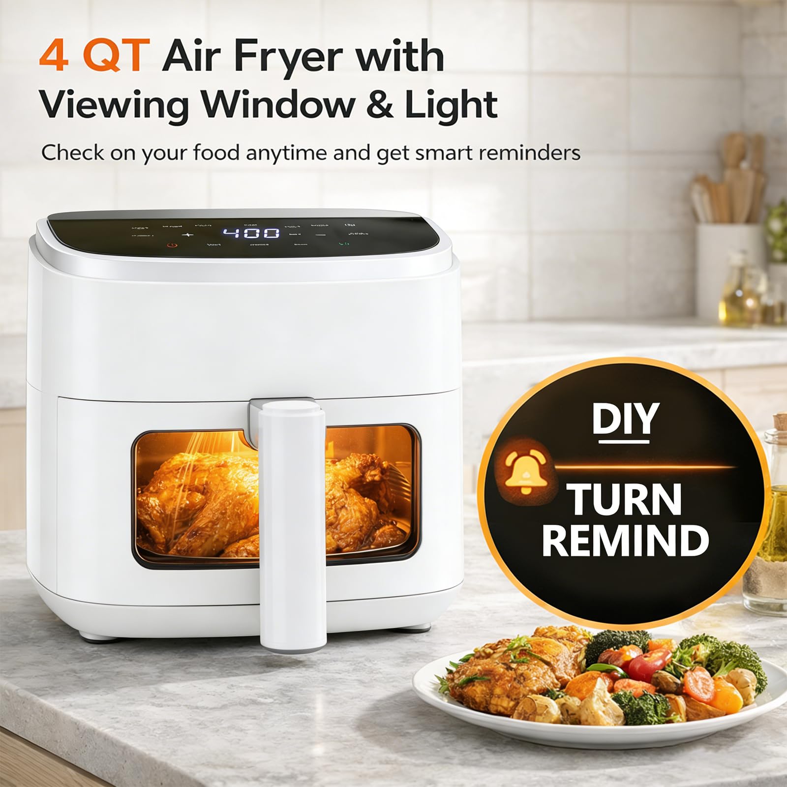 Plum Chef Air Fryer 4 Qt, 8-in-1 Digital Air Fryer with Visible Window, Nonstick Dishwasher-Safe Basket, 60-Min Timer, 1500W, White – Perfect for Fries, Wings & Baking - VANELC