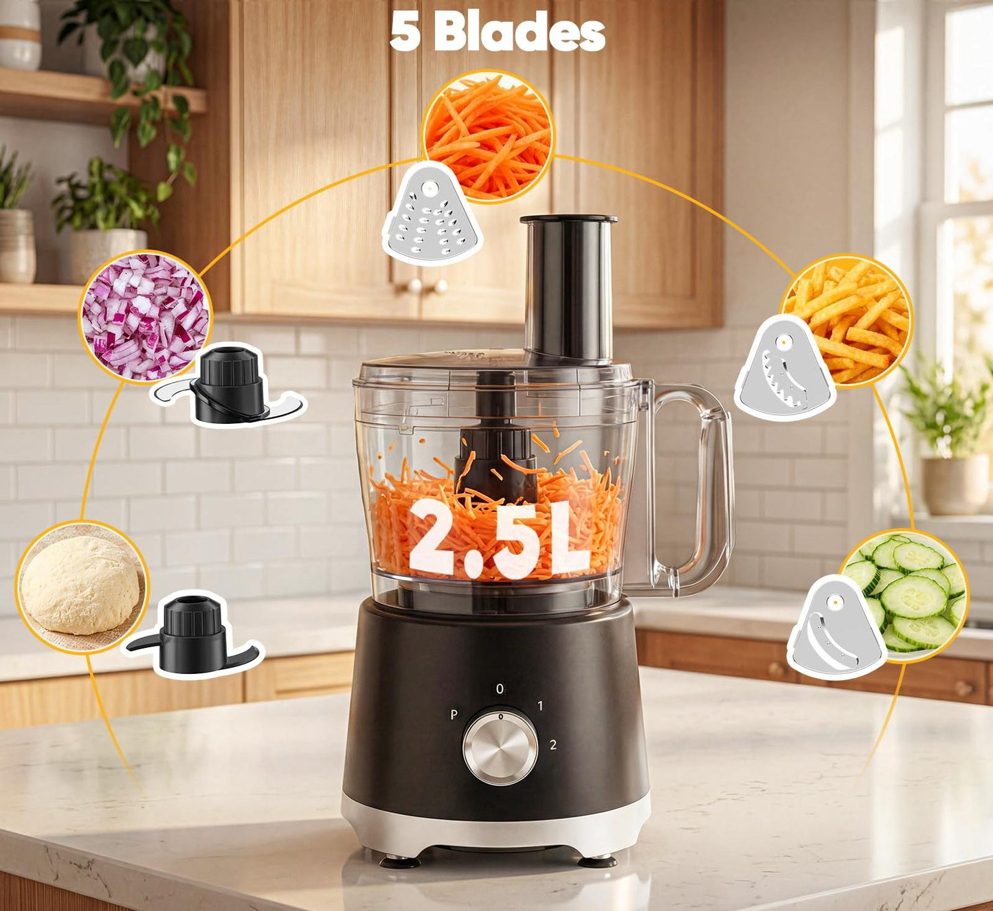 Plum Chef 10.5-Cup Food Processor and Vegetable Chopper, 5 Stainless Steel Blades & Dough Blade, 3 Modes for Slicing, Shredding & Kneading, Dishwasher Safe, Black - VANELC