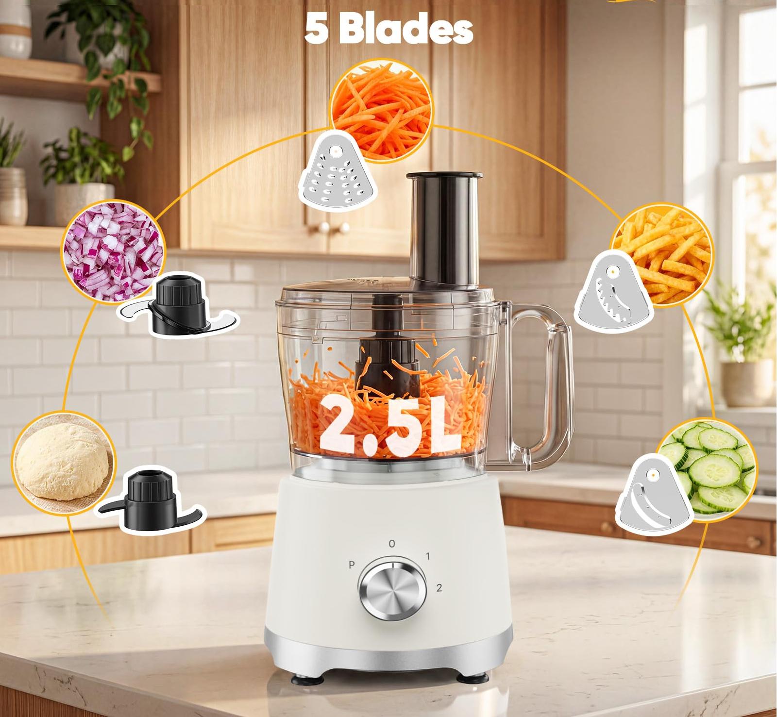 Plum Chef 10.5-Cup Food Processor and Vegetable Chopper, 5 Stainless Steel Blades & Dough Blade, 3 Modes for Slicing, Shredding & Kneading, Dishwasher Safe, Beige - VANELC