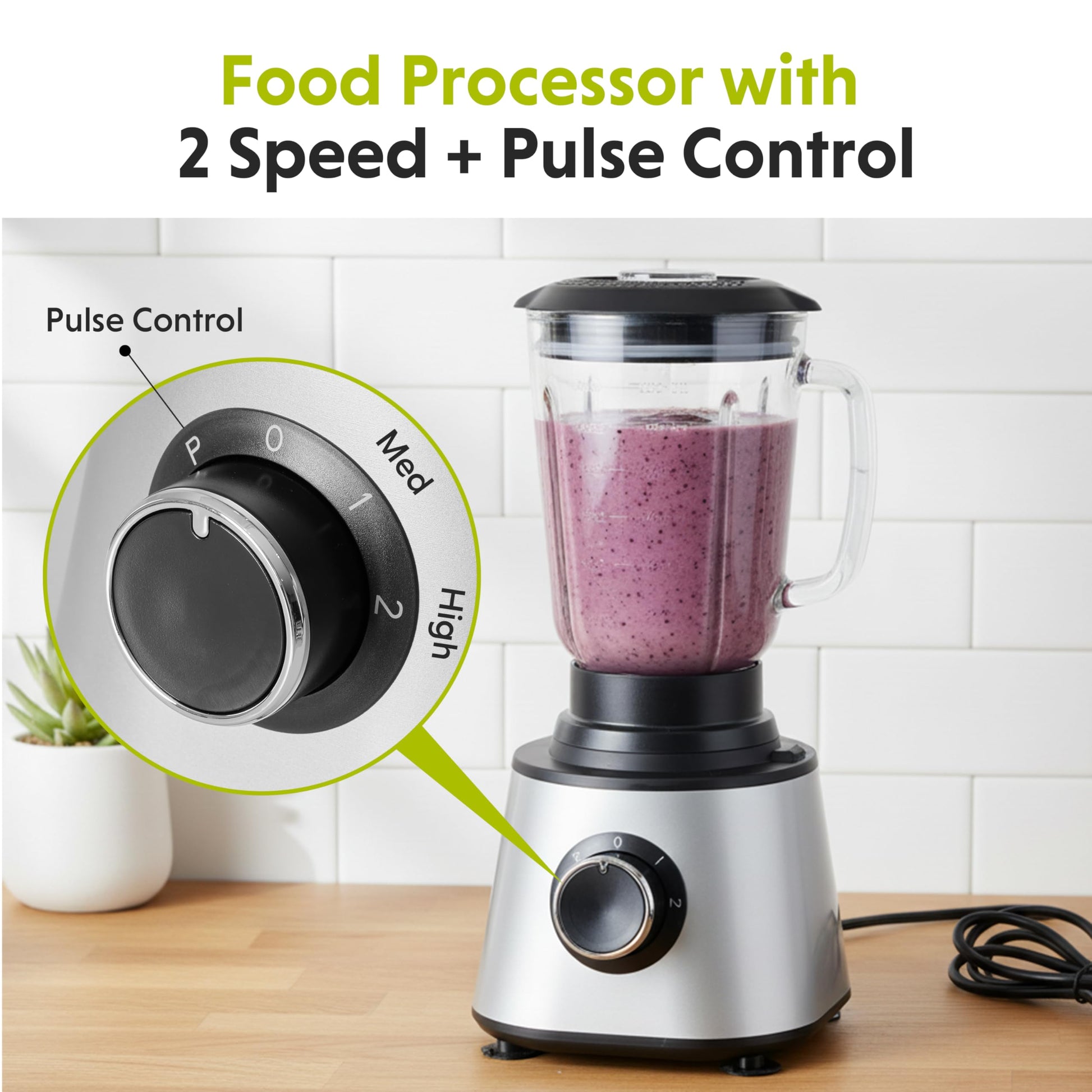 Plum Chef 6-Cup Food Processor Blender Combo, 1.5L Glass Jar Electric Food Chopper with 8 Attachments for Slicing, Dough, and Mincing, 2 Speeds & Pulse, Silver - VANELC