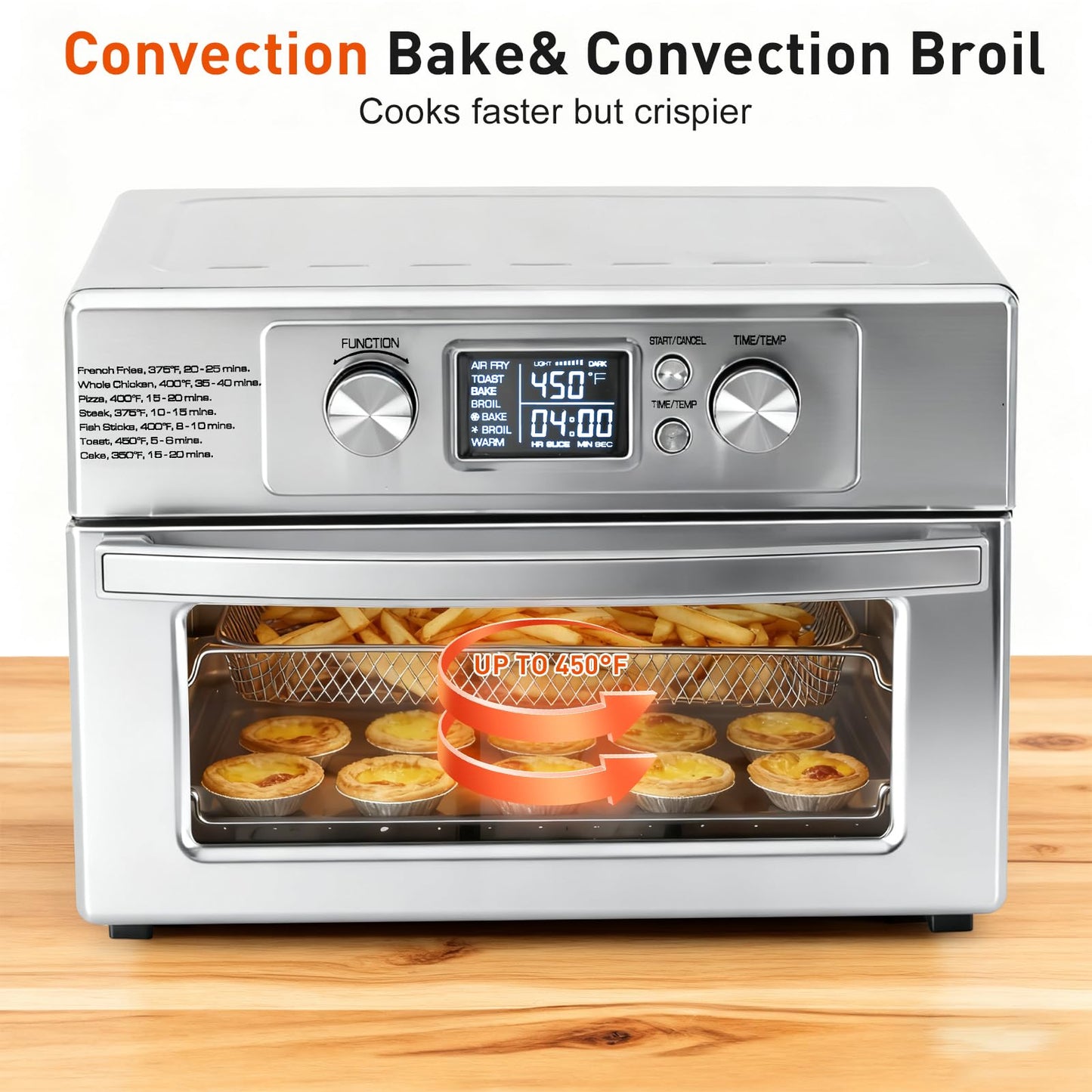 Plum Chef 23QT Air Fryer Toaster Oven Combo, 4-in-1 Countertop Convection Oven, 4 Accessories Included, Stainless, 450°F, Stainless Steel, Silver - VANELC