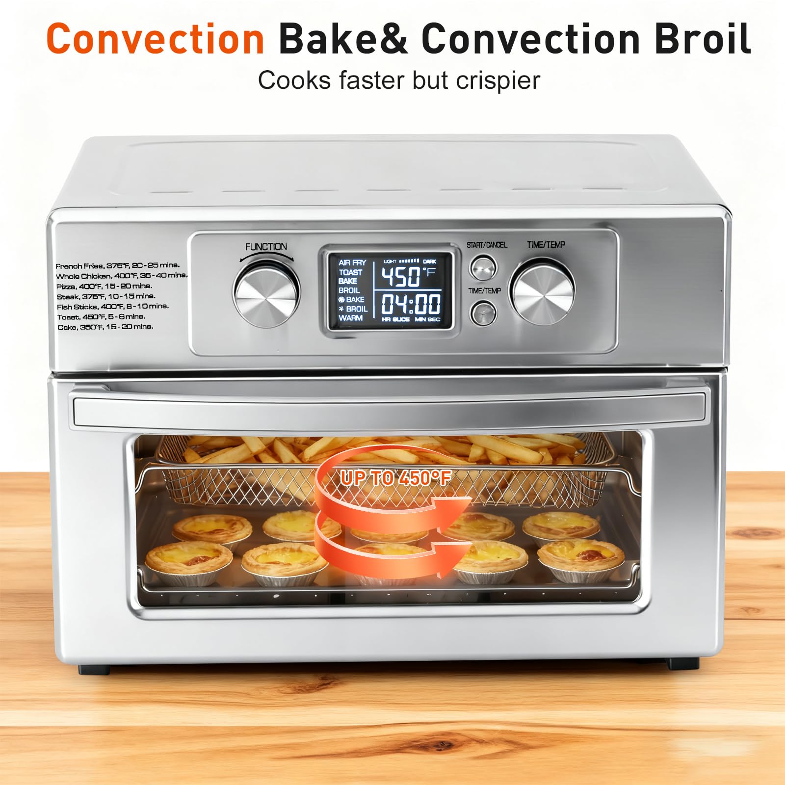 Plum Chef 23QT Air Fryer Toaster Oven Combo, 4-in-1 Countertop Convection Oven, 4 Accessories Included, Stainless, 450°F, Stainless Steel, Silver - VANELC