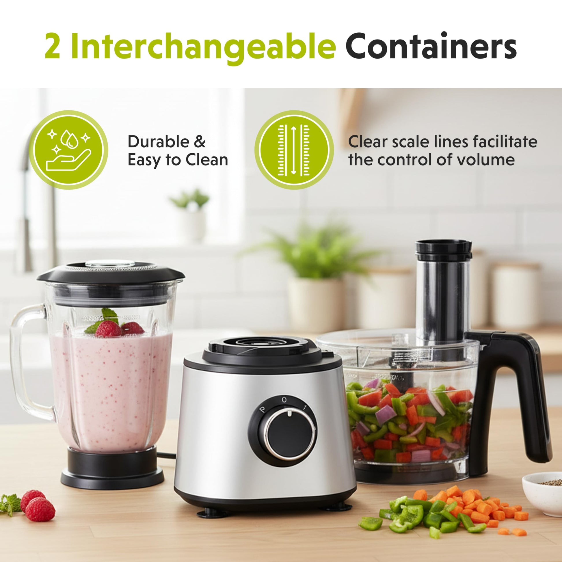 Plum Chef 6-Cup Food Processor Blender Combo, 1.5L Glass Jar Electric Food Chopper with 8 Attachments for Slicing, Dough, and Mincing, 2 Speeds & Pulse, Silver - VANELC
