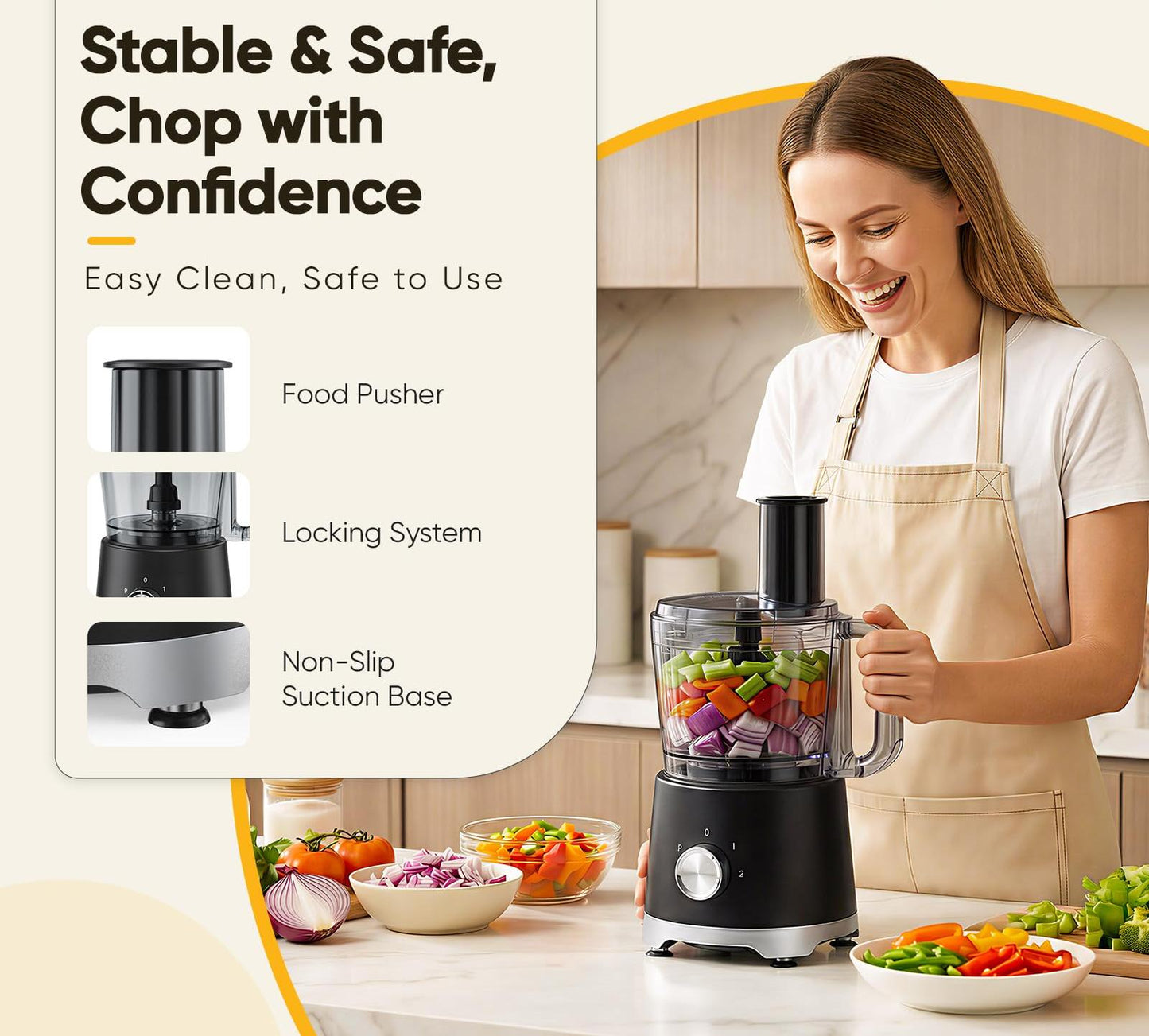 Plum Chef 10.5-Cup Food Processor and Vegetable Chopper, 5 Stainless Steel Blades & Dough Blade, 3 Modes for Slicing, Shredding & Kneading, Dishwasher Safe, Black - VANELC