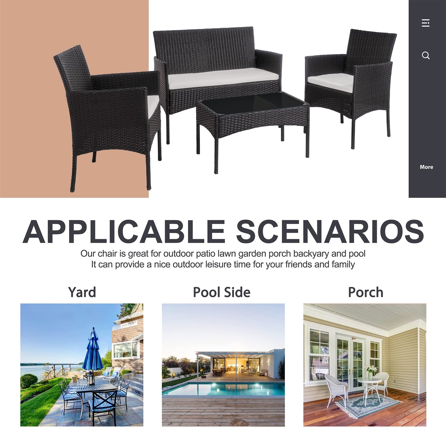 YIORTWO 4-Piece Outdoor Patio Furniture Set, Wicker Sofa Set with Thick Cushions, All-Weather Rattan Deep Seating Set with Tempered Glass Table, Black - VANELC