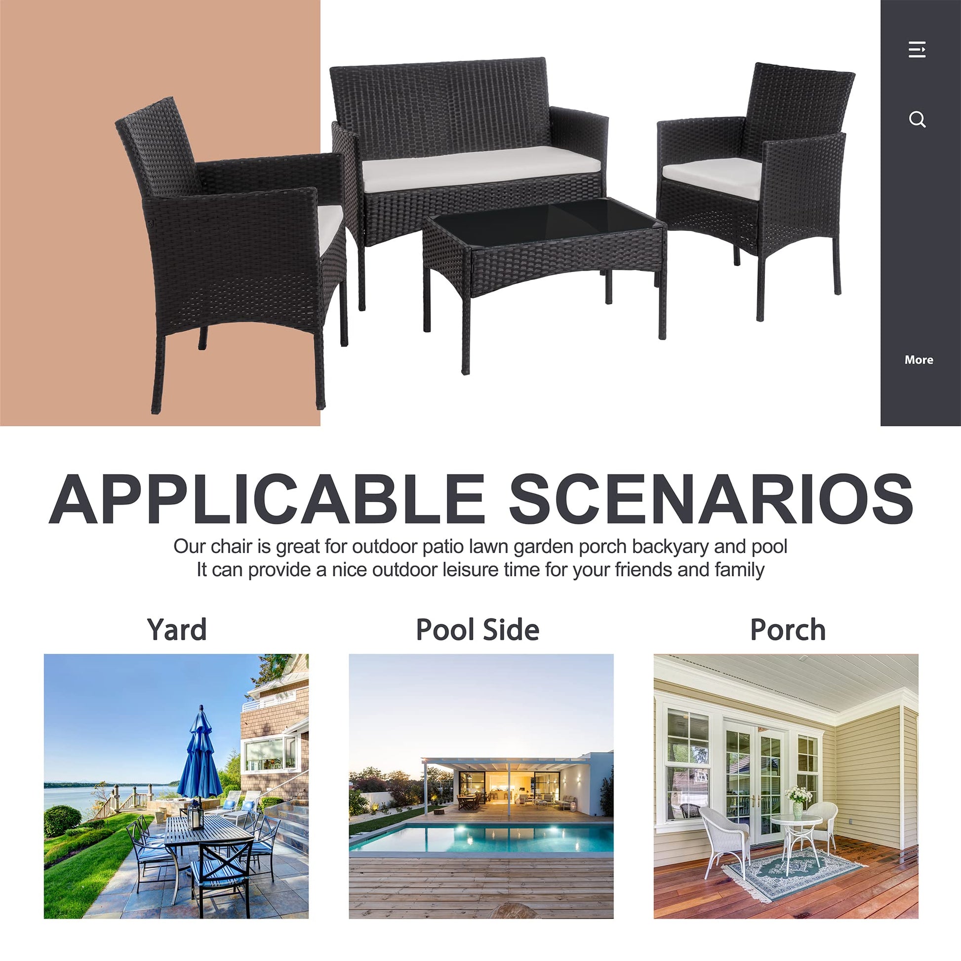 YIORTWO 4-Piece Outdoor Patio Furniture Set, Wicker Sofa Set with Thick Cushions, All-Weather Rattan Deep Seating Set with Tempered Glass Table, Black - VANELC