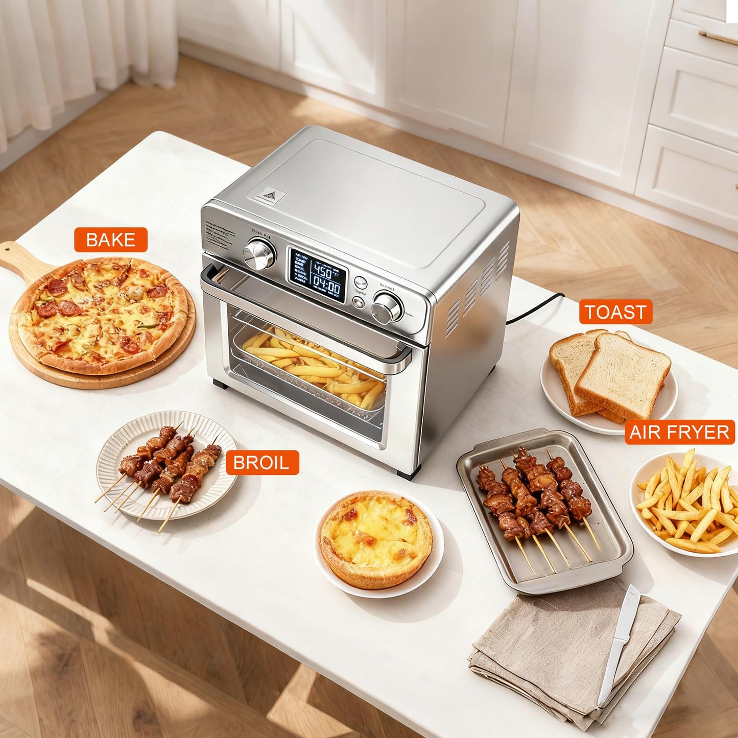 Plum Chef 23QT Air Fryer Toaster Oven Combo, 4-in-1 Countertop Convection Oven, 4 Accessories Included, Stainless, 450°F, Stainless Steel, Silver - VANELC
