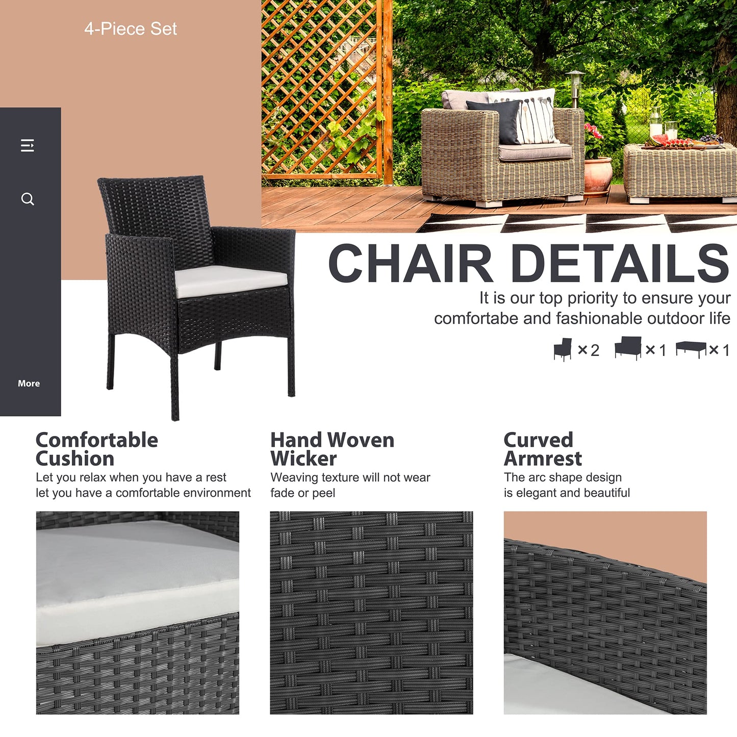 YIORTWO 4-Piece Outdoor Patio Furniture Set, Wicker Sofa Set with Thick Cushions, All-Weather Rattan Deep Seating Set with Tempered Glass Table, Black - VANELC