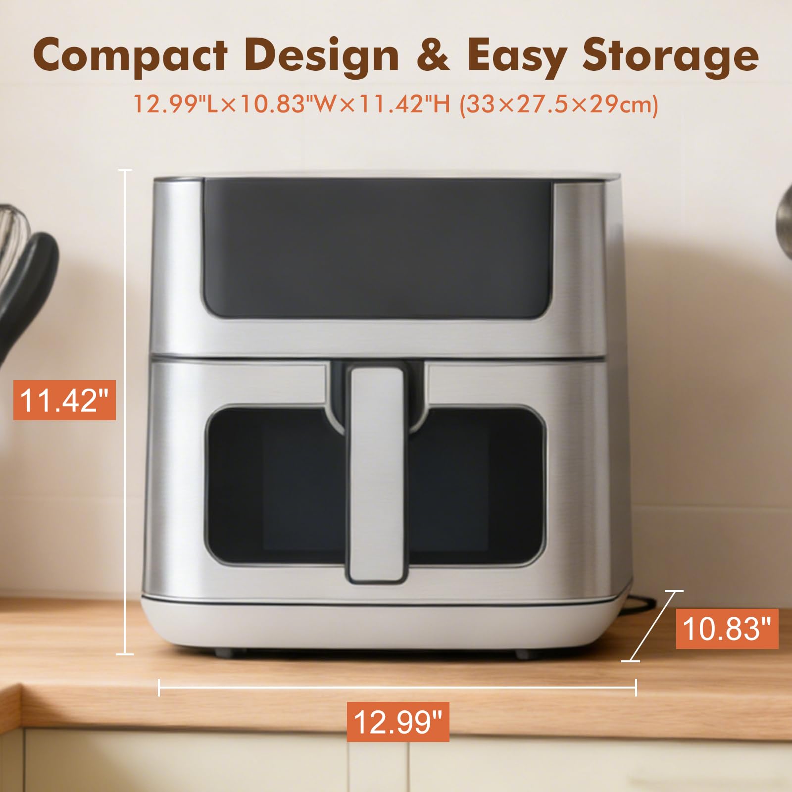 Plum Chef 6.34QT Air Fryer, 8-in-1 Air Fryers Oven with Visible Window, 400℉ Fast Heating, Nonstick Dishwasher-Safe Basket, Timer & Auto-Off, Stainless Steel - VANELC