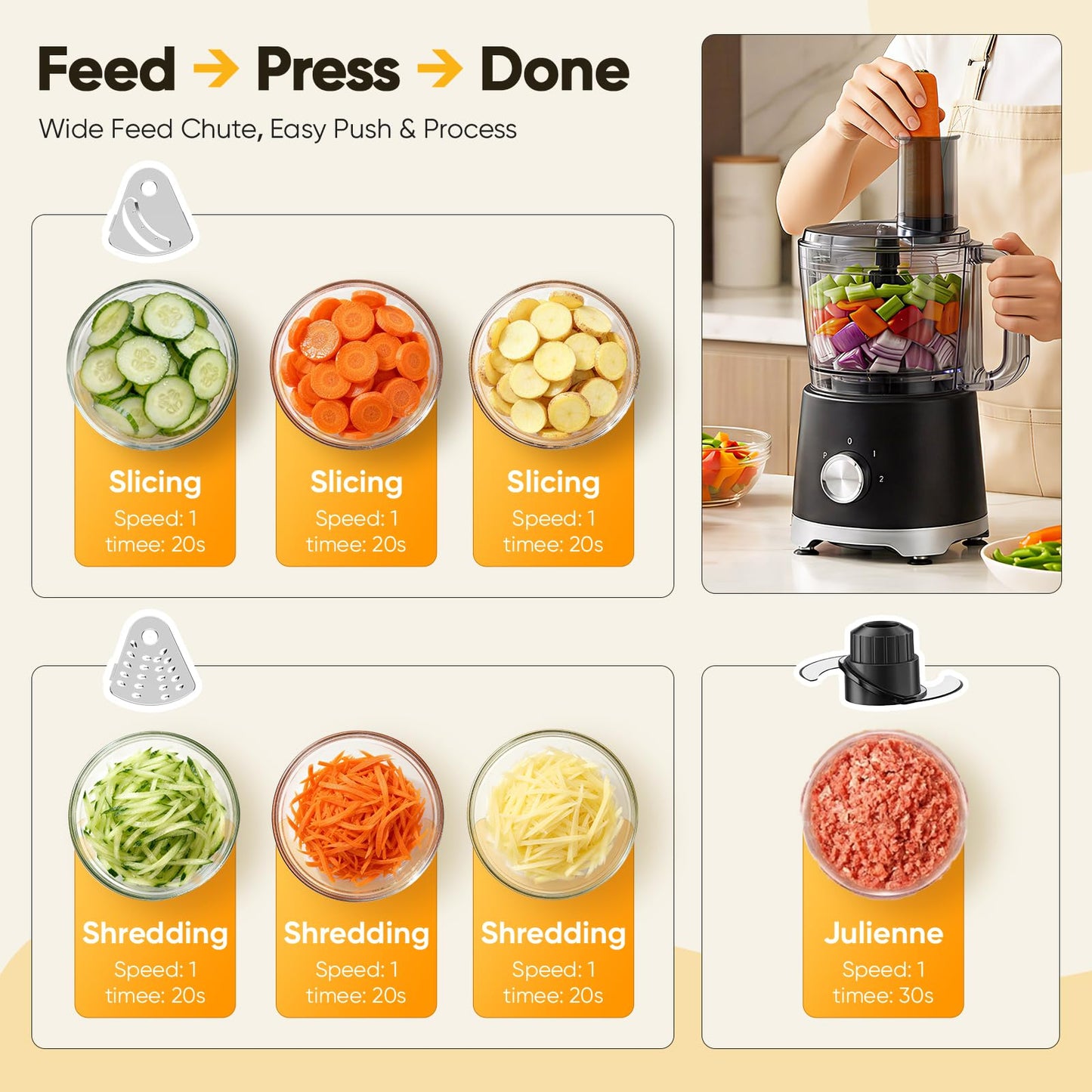 Plum Chef 10.5-Cup Food Processor and Vegetable Chopper, 5 Stainless Steel Blades & Dough Blade, 3 Modes for Slicing, Shredding & Kneading, Dishwasher Safe, Black - VANELC