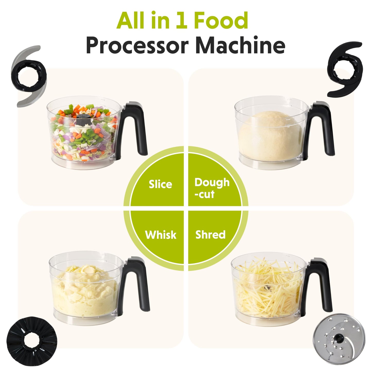 Plum Chef 6-Cup Food Processor Blender Combo, 1.5L Glass Jar Electric Food Chopper with 8 Attachments for Slicing, Dough, and Mincing, 2 Speeds & Pulse, Silver - VANELC