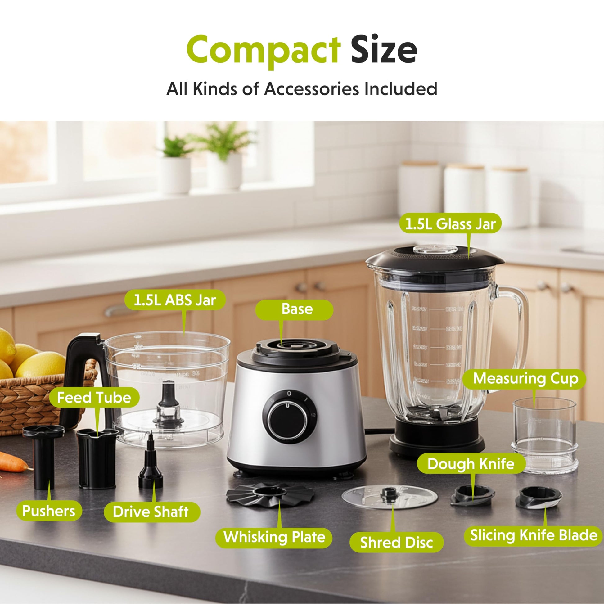 Plum Chef 6-Cup Food Processor Blender Combo, 1.5L Glass Jar Electric Food Chopper with 8 Attachments for Slicing, Dough, and Mincing, 2 Speeds & Pulse, Silver - VANELC