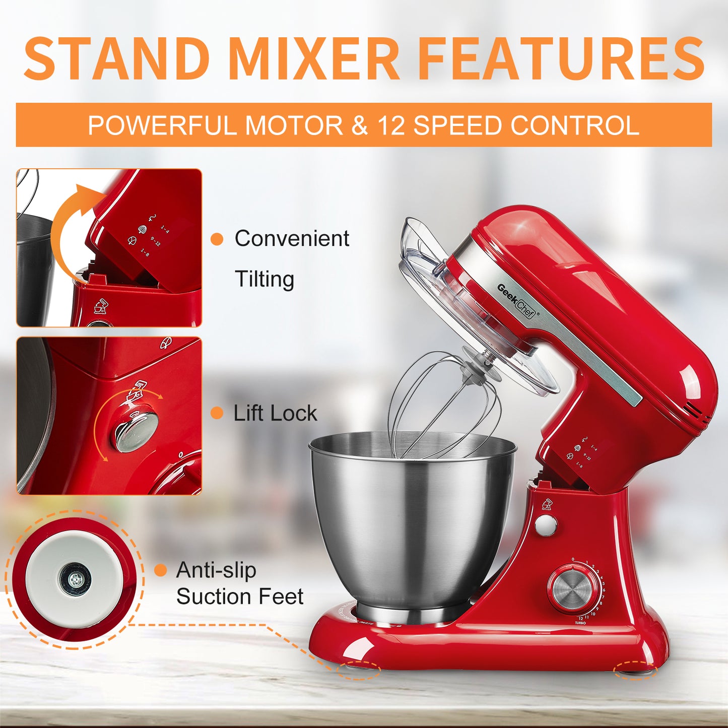Plum Chef 5QT Stand Mixer, 12-Speed Tilt-Head Electric Mixer with Dough Hook, Whisk, Beater & Bowl, Powerful for Baking, Cakes, Cookies, Red - VANELC