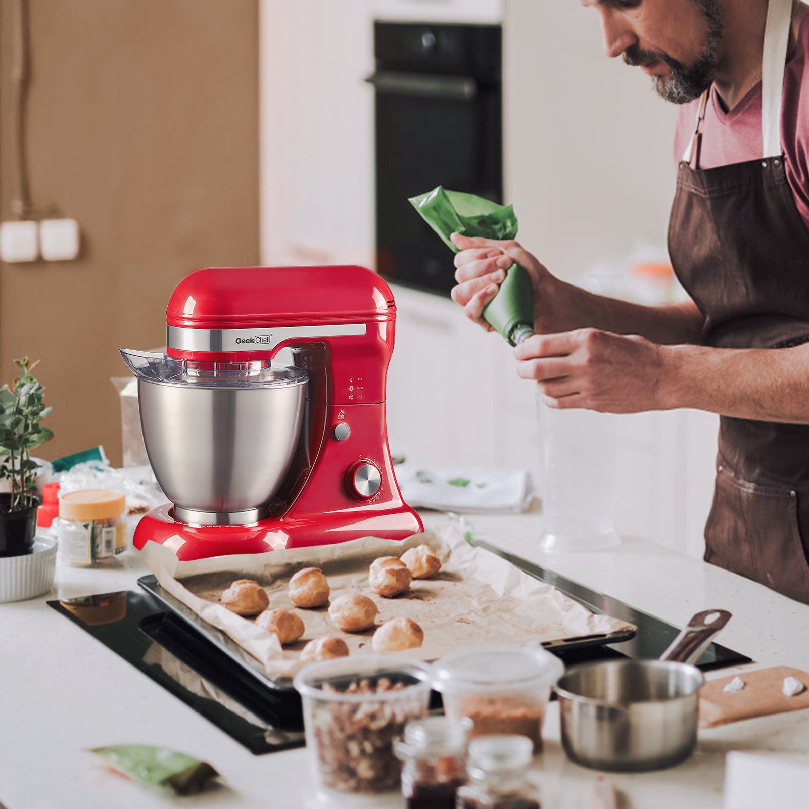 Plum Chef 5QT Stand Mixer, 12-Speed Tilt-Head Electric Mixer with Dough Hook, Whisk, Beater & Bowl, Powerful for Baking, Cakes, Cookies, Red - VANELC