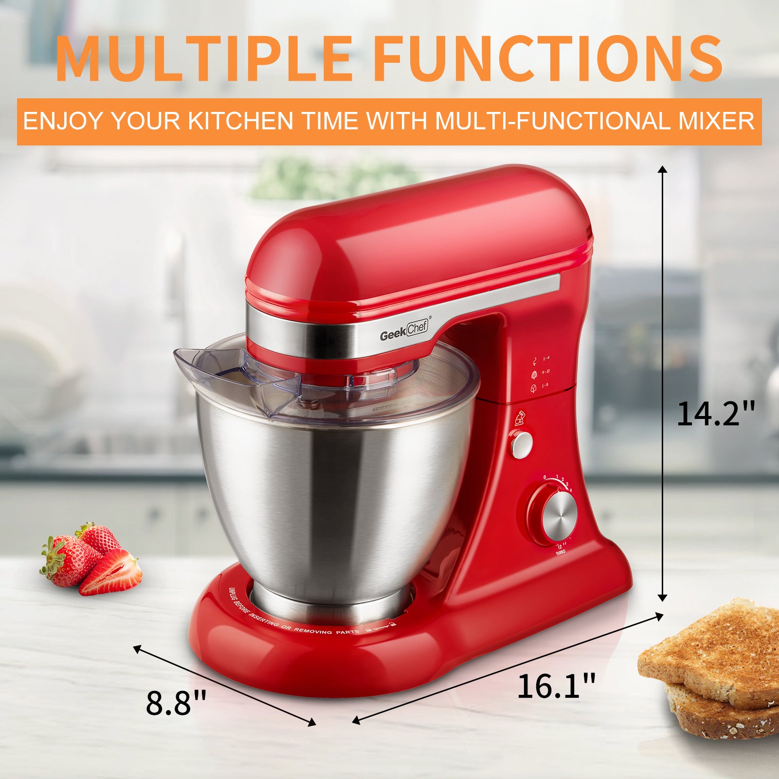 Plum Chef 5QT Stand Mixer, 12-Speed Tilt-Head Electric Mixer with Dough Hook, Whisk, Beater & Bowl, Powerful for Baking, Cakes, Cookies, Red - VANELC
