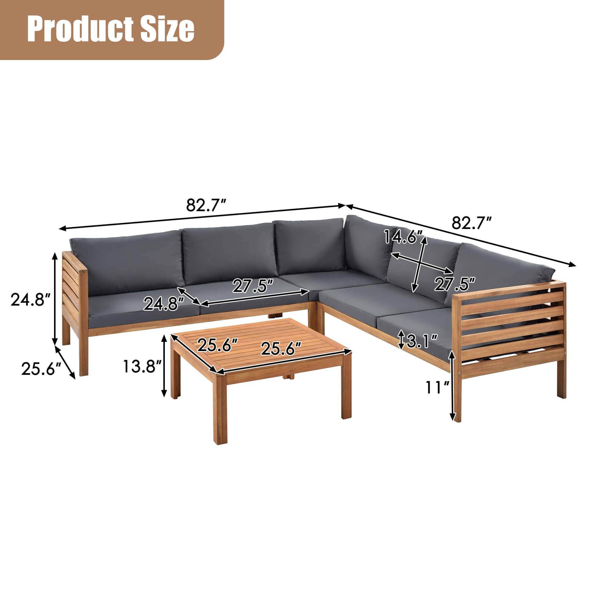 YIORTWO Acacia Wood Outdoor Sofa Set, 4-Piece Modular L-Shaped Sectional with Beige Cushions, Coffee Table, Water-Resistant & UV-Protected, Gray - VANELC