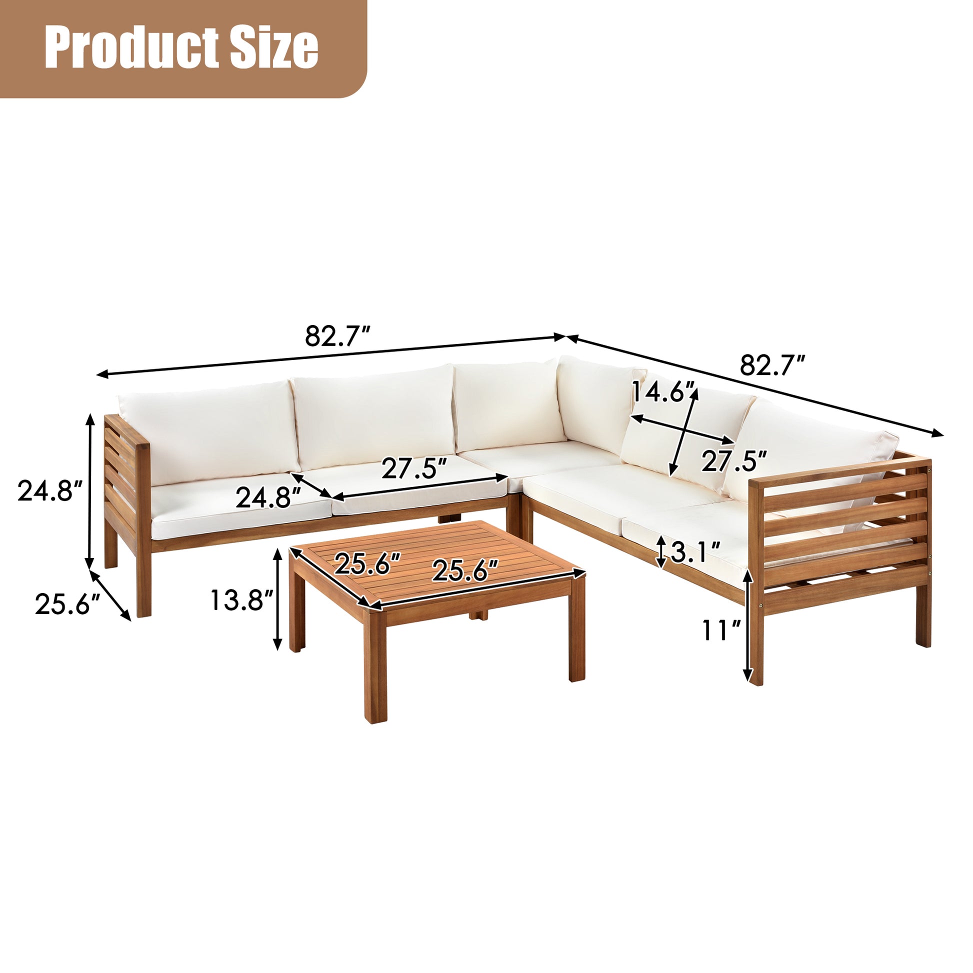 YIORTWO Acacia Wood Outdoor Sofa Set, 4-Piece Modular L-Shaped Sectional with Beige Cushions, Coffee Table, Water-Resistant & UV-Protected, Beige - VANELC