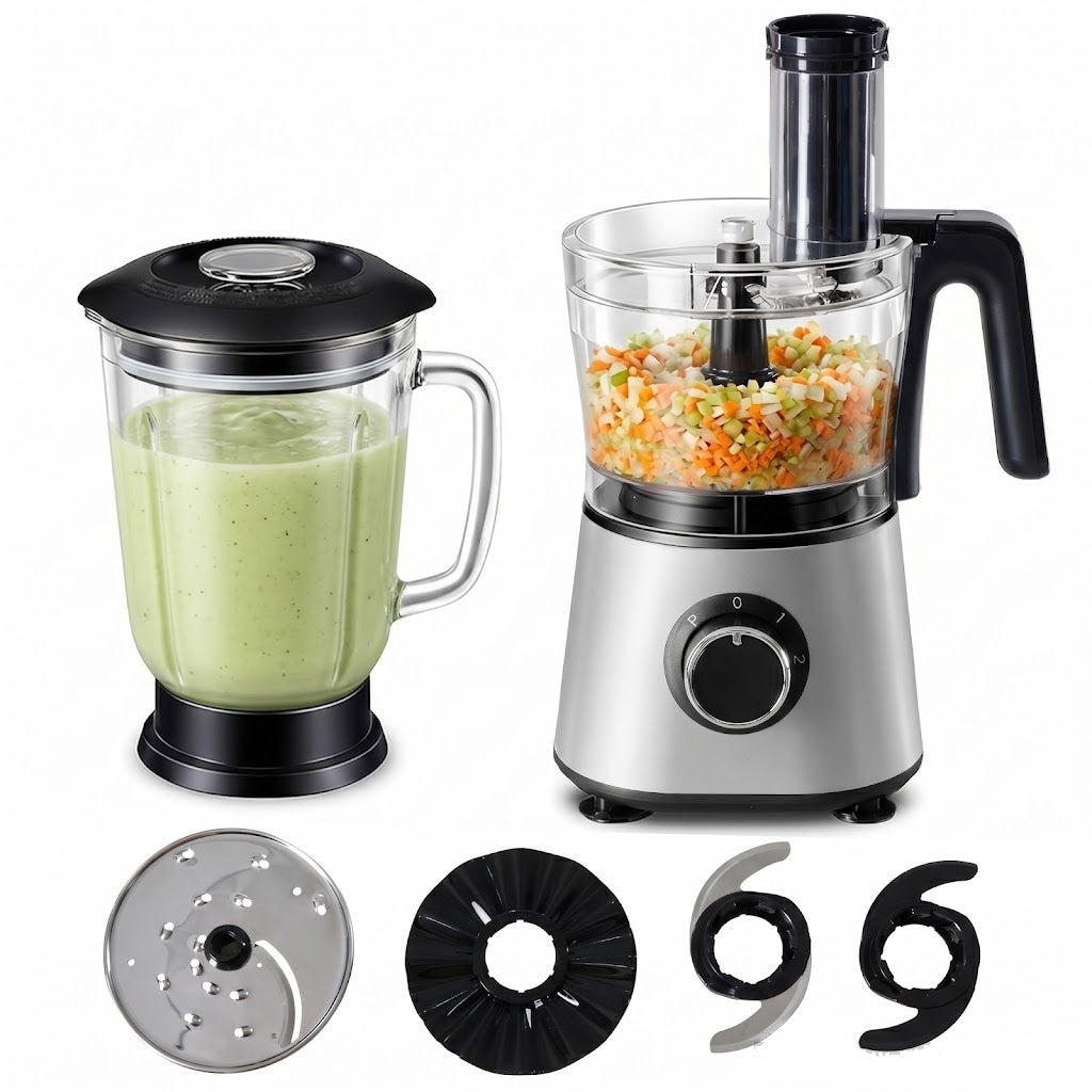 Plum Chef 6-Cup Food Processor Blender Combo, 1.5L Glass Jar Electric Food Chopper with 8 Attachments for Slicing, Dough, and Mincing, 2 Speeds & Pulse, Silver - VANELC