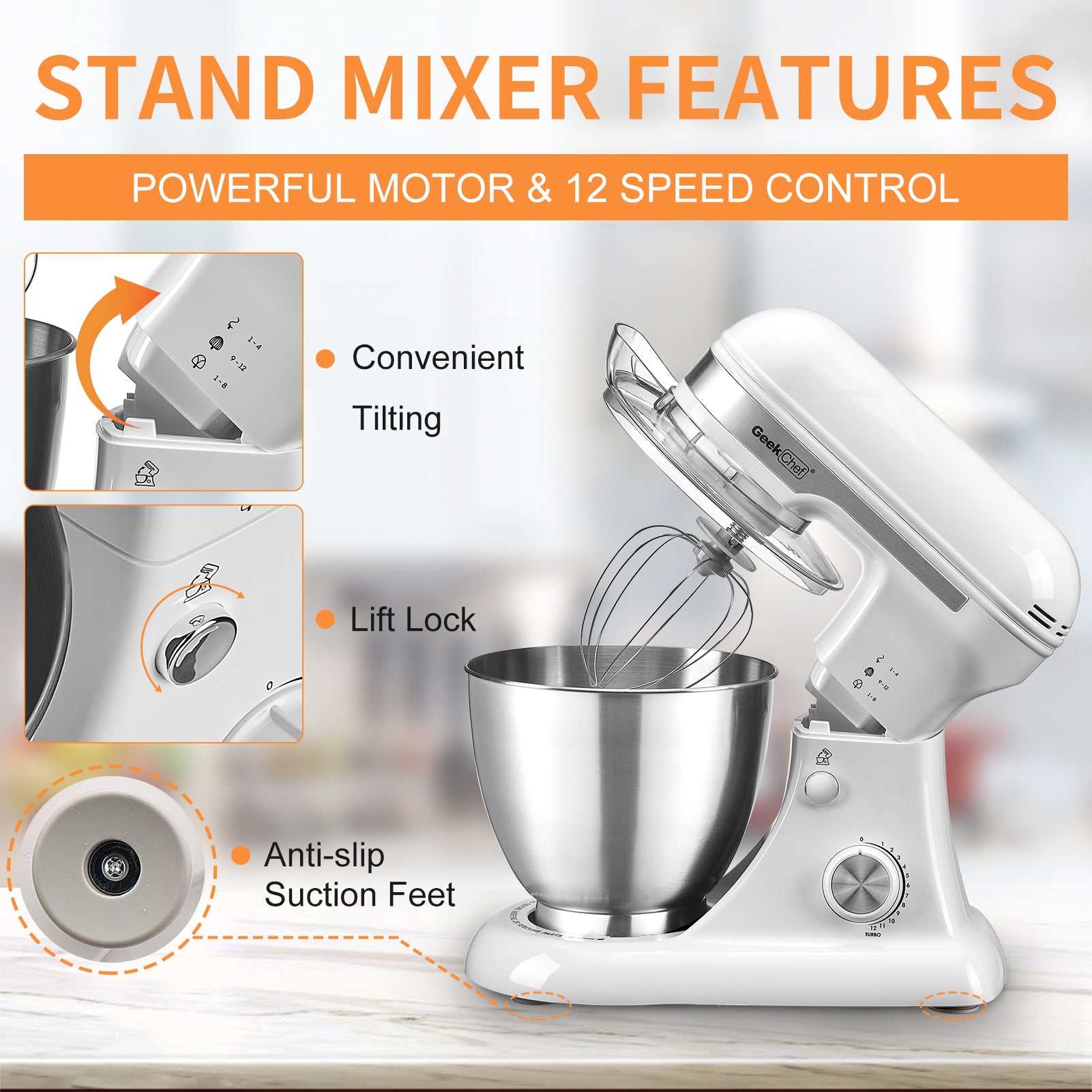 Plum Chef 5QT Stand Mixer, 12-Speed Tilt-Head Electric Mixer with Dough Hook, Whisk, Beater & Bowl, Powerful for Baking, Cakes, Cookies, White - VANELC