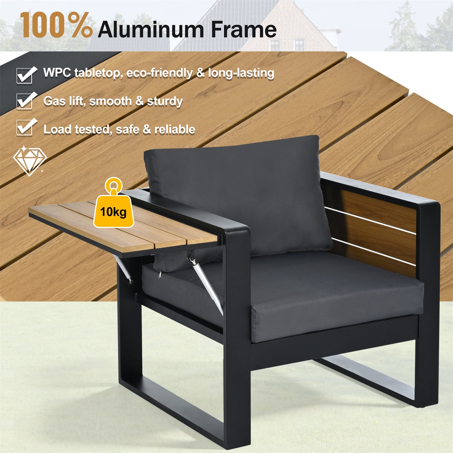 YIORTWO 4-Piece Aluminum Outdoor Patio Furniture Set, 5-Person Conversation Set with 4 Fold-Out Side Tables and WPC Tabletop, Gray - VANELC