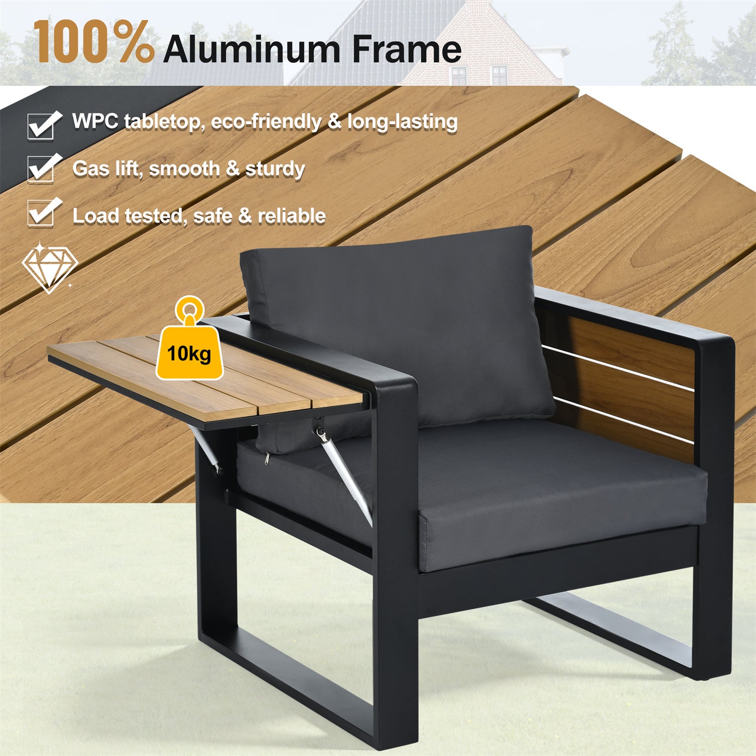YIORTWO 4-Piece Aluminum Outdoor Patio Furniture Set, 5-Person Conversation Set with 4 Fold-Out Side Tables and WPC Tabletop, Gray - VANELC