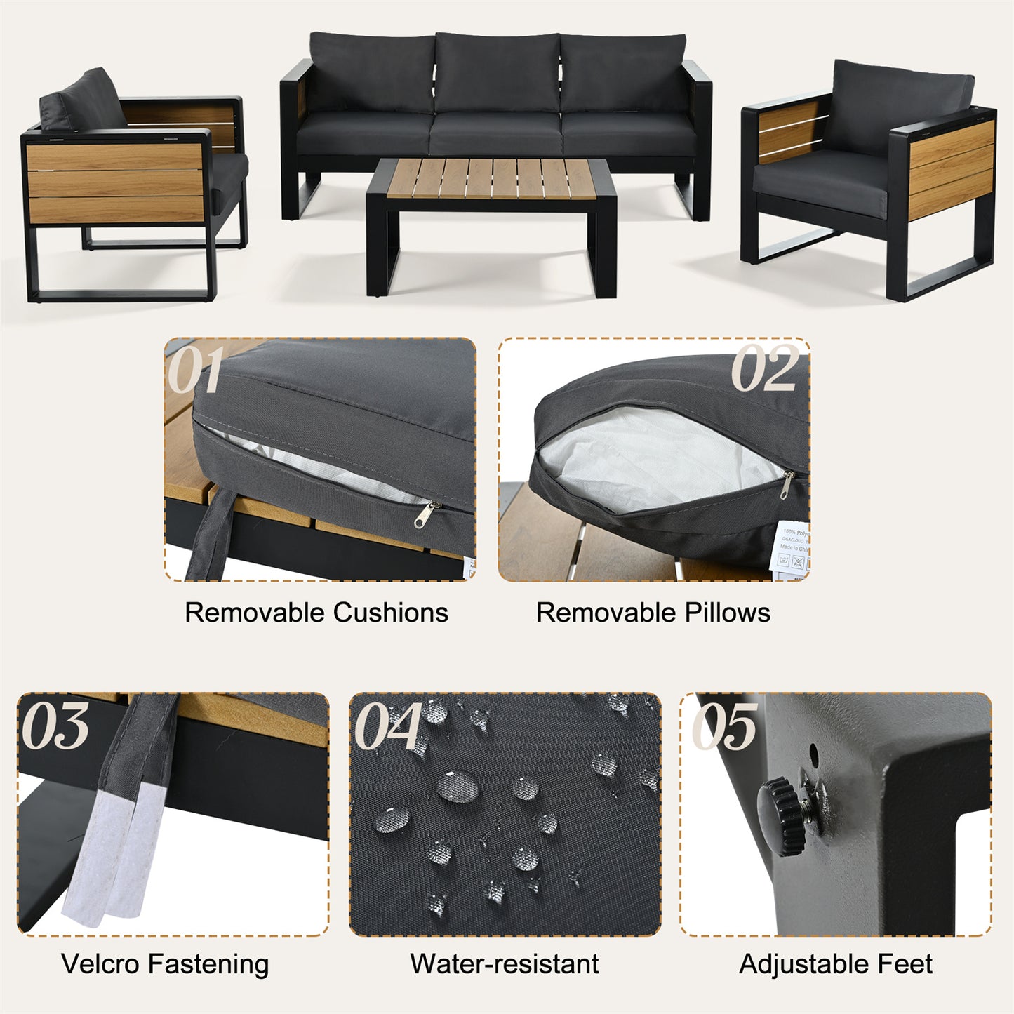 YIORTWO 4-Piece Aluminum Outdoor Patio Furniture Set, 5-Person Conversation Set with 4 Fold-Out Side Tables and WPC Tabletop, Gray - VANELC