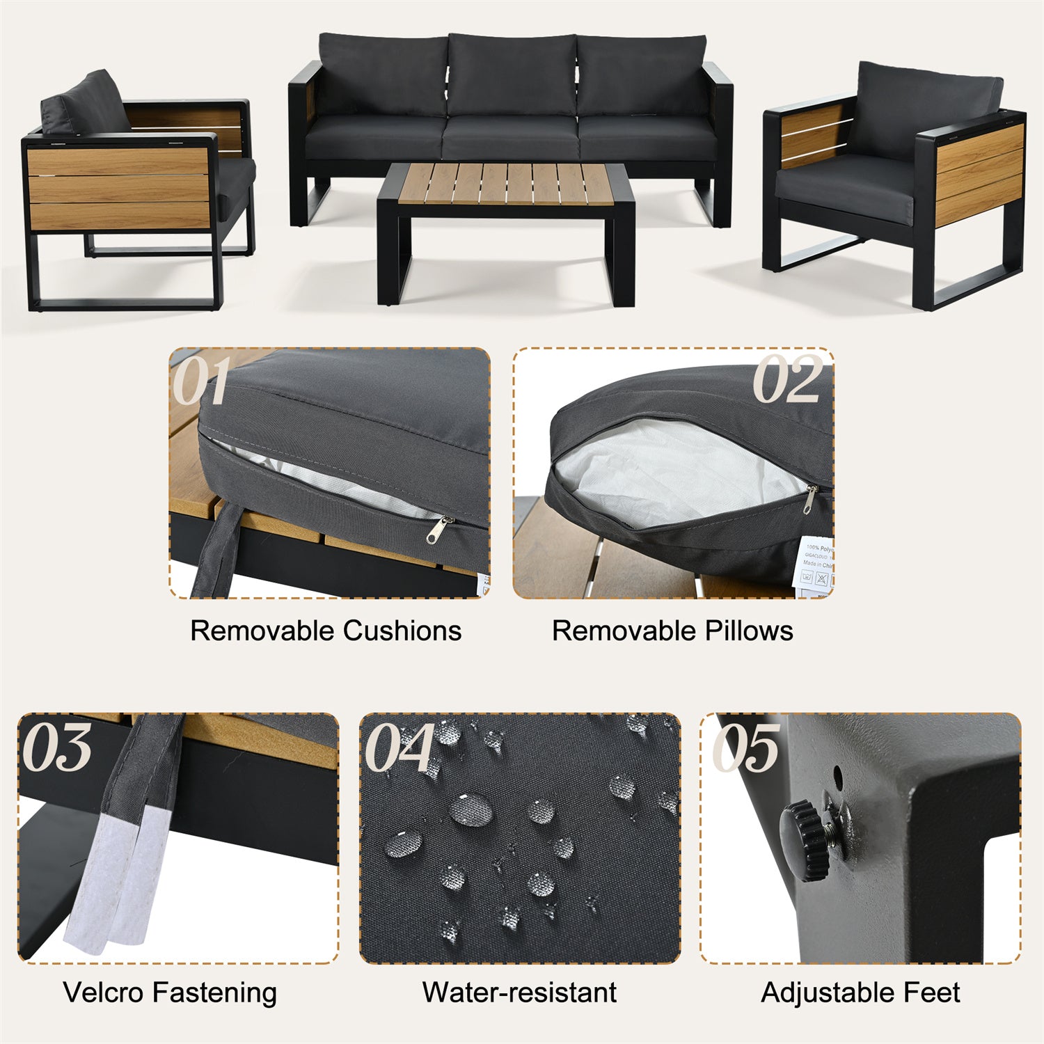 YIORTWO 4-Piece Aluminum Outdoor Patio Furniture Set, 5-Person Conversation Set with 4 Fold-Out Side Tables and WPC Tabletop, Gray - VANELC