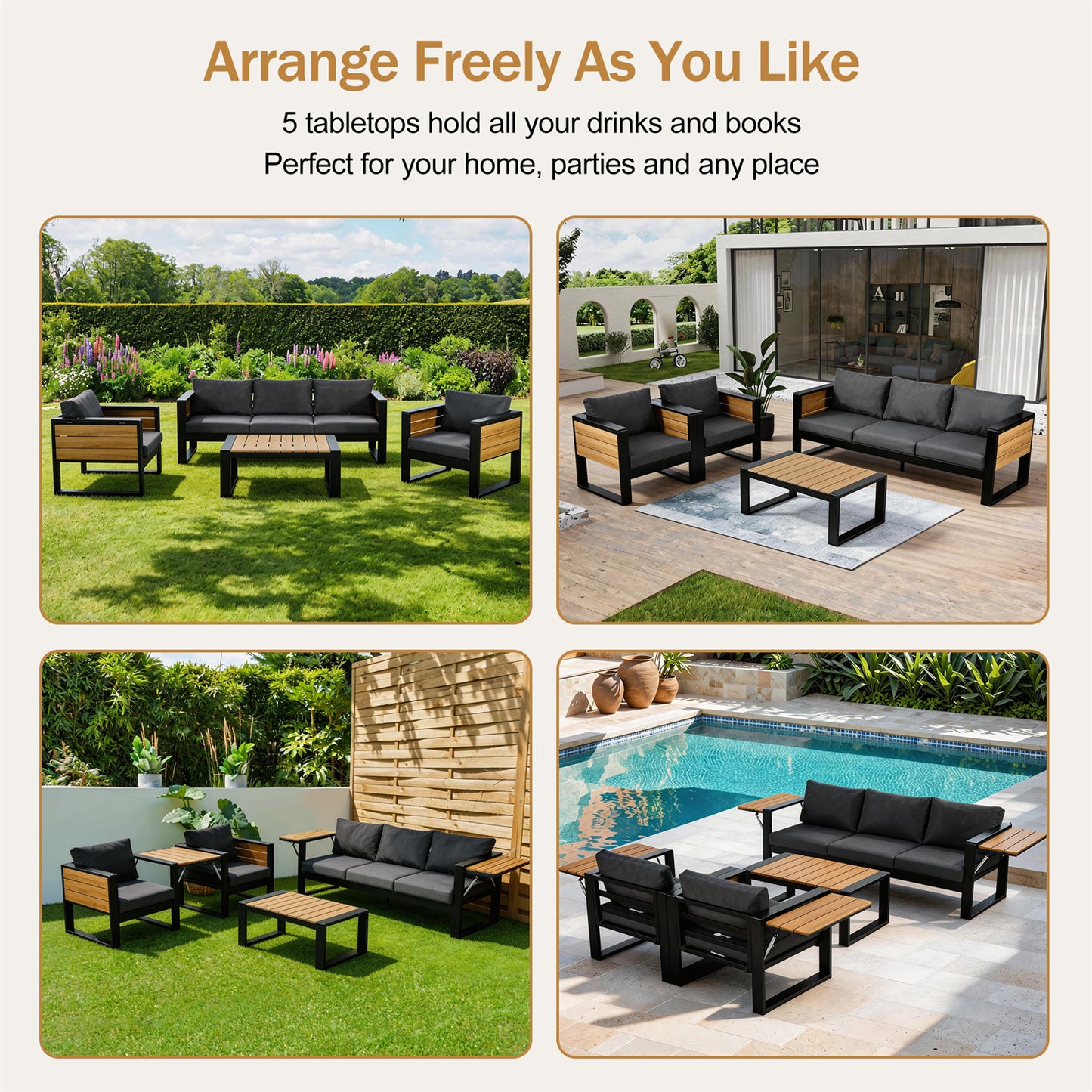 YIORTWO 4-Piece Aluminum Outdoor Patio Furniture Set, 5-Person Conversation Set with 4 Fold-Out Side Tables and WPC Tabletop, Gray - VANELC