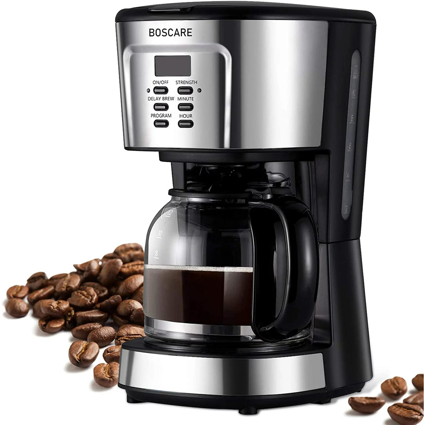 BOSCARE 12 Cup Programmable Coffee Maker, Drip Coffee Maker, Mini Coffee Machine with Auto Shut-off, Strength Control, Black & Silver - VANELC