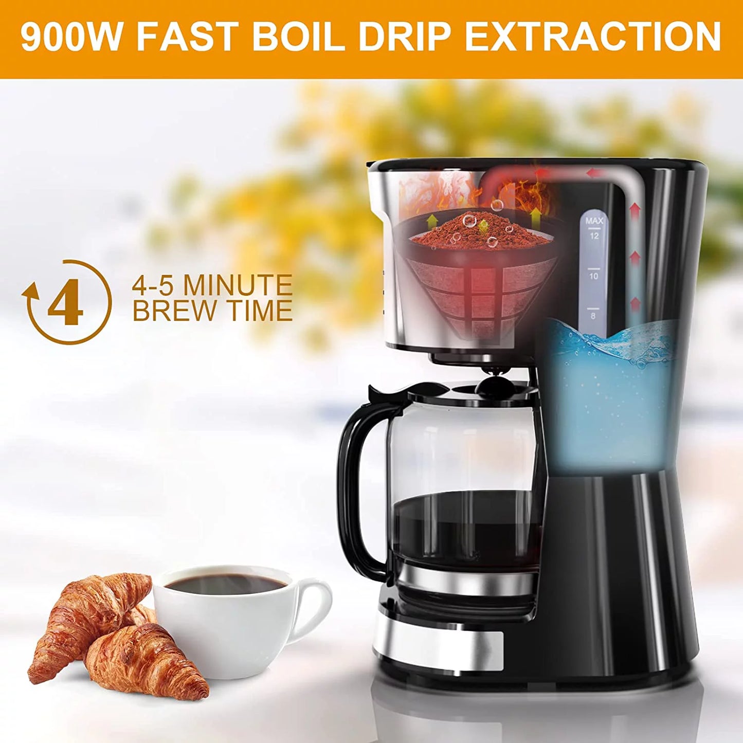 BOSCARE 12 Cup Programmable Coffee Maker, Drip Coffee Maker, Mini Coffee Machine with Auto Shut-off, Strength Control, Black & Silver - VANELC